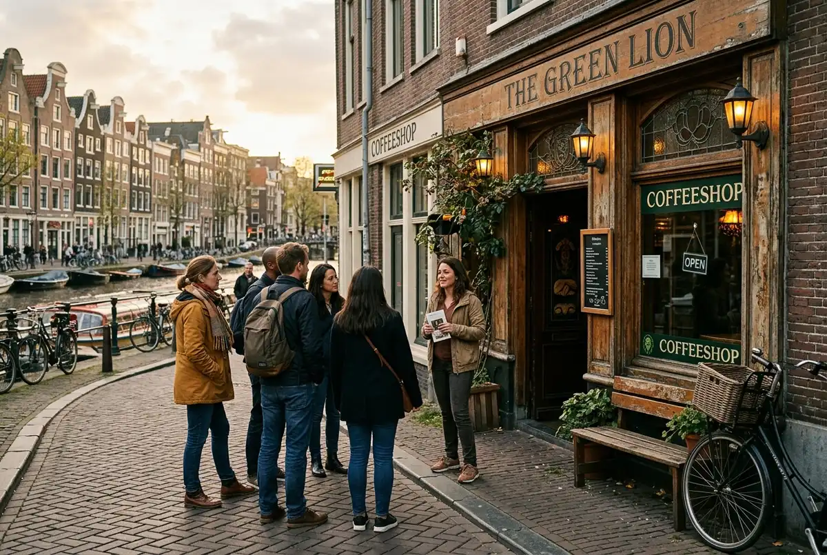 Guide explaining coffeeshop etiquette to a small adult group outside a traditional amsterdam cannabis coffeeshop storefront