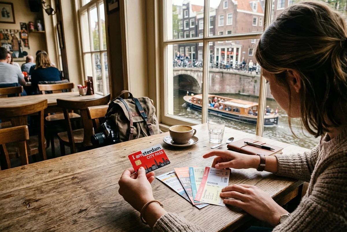 Traveler comparing an amsterdam city pass card against individual paper tickets on a cafe table with the canal visible through the window