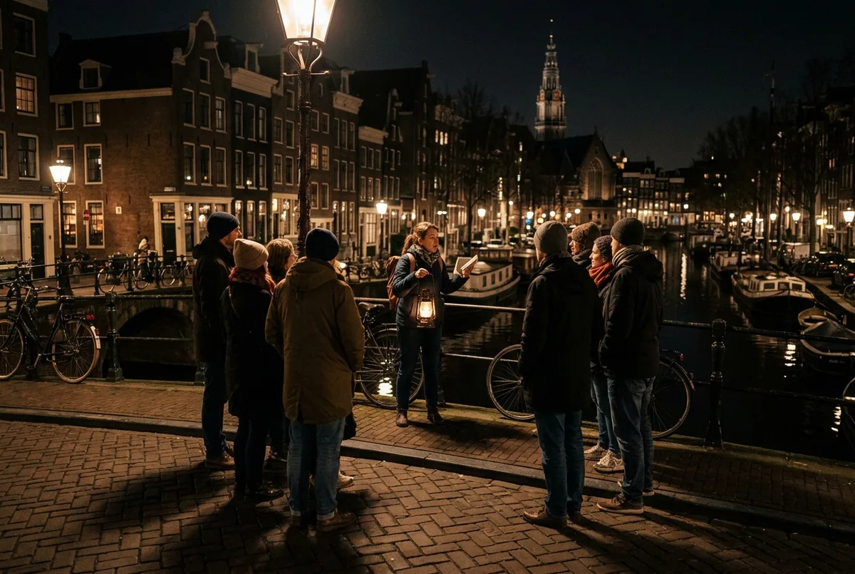 Editorial night scene of a small tour group gathered around a guide near a dimly lit amsterdam canal bridge during a ghost tour