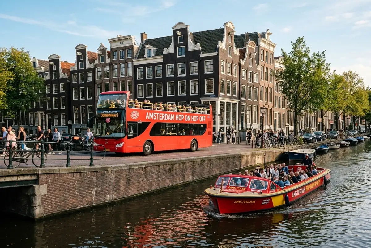 Open top double decker bus and canal boat both marked amsterdam hop on hop off passing the same historic canal houses