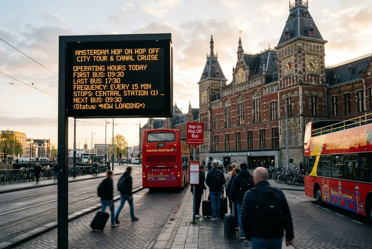Digital departure board style graphic showing amsterdam hop on hop off bus hours beside Central Station at early morning light