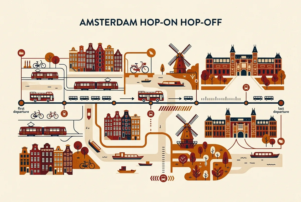 Simple timeline infographic showing the amsterdam hop on hop off bus hours from first departure through last departure with frequency marked in minutes