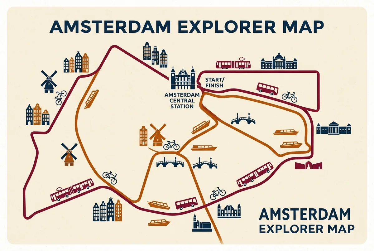 Simple route map style infographic showing the amsterdam hop on hop off bus loop and the separate canal boat loop both starting at Central Station