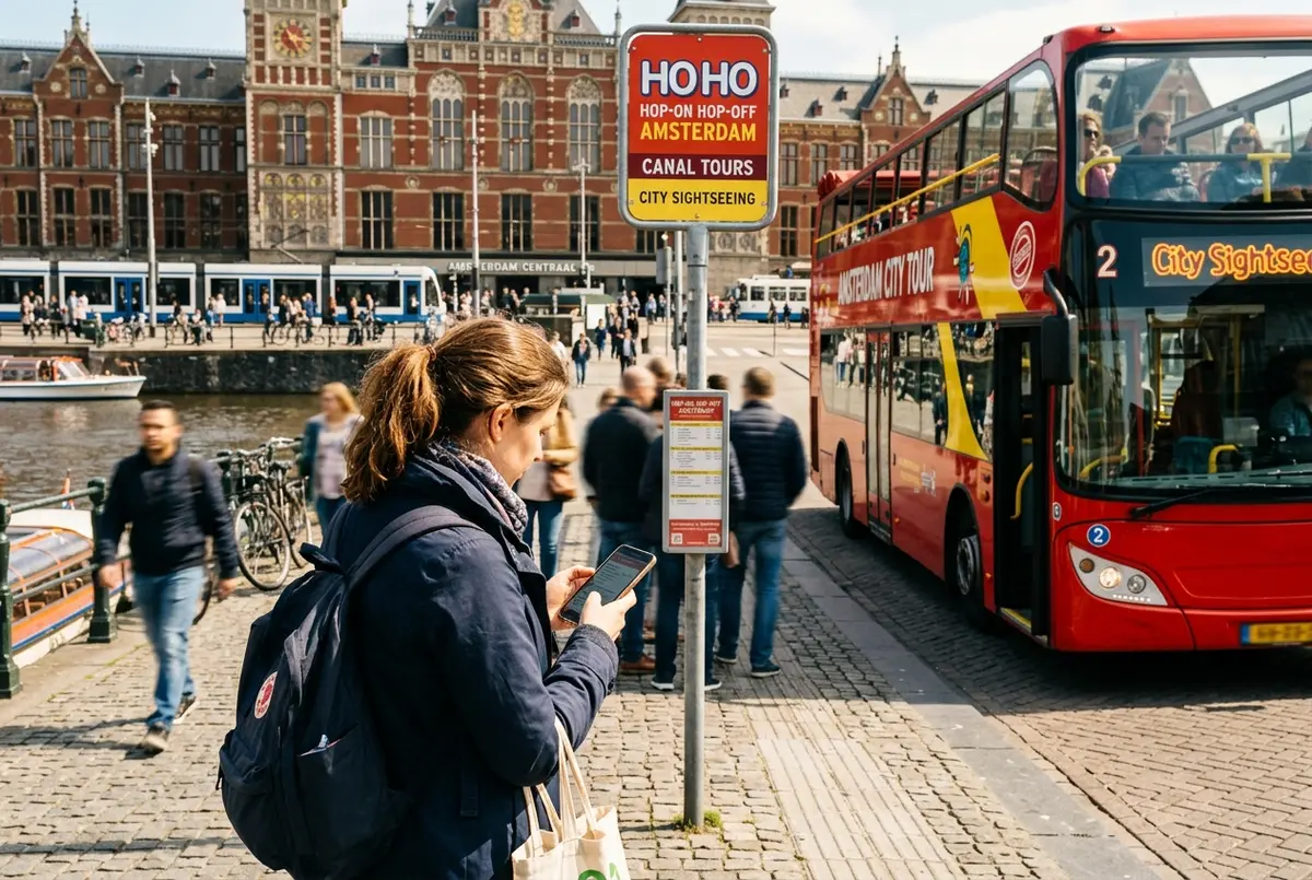 Traveler checking the amsterdam hop on hop off bus price on a phone beside an open top double decker bus stop near Central Station at midday