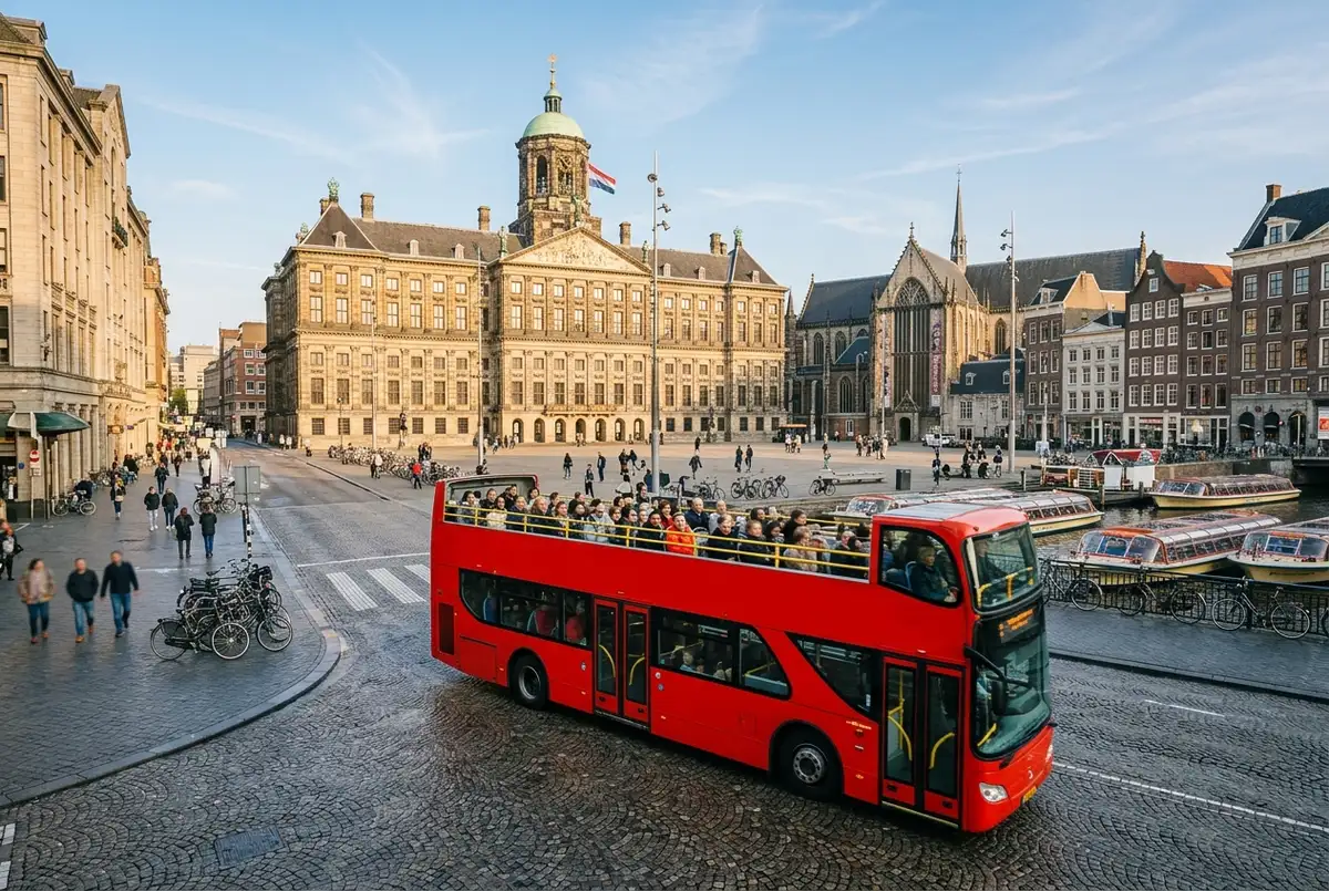 Open top amsterdam hop on hop off bus turning past Dam Square with canal boats visible in the background on a clear morning