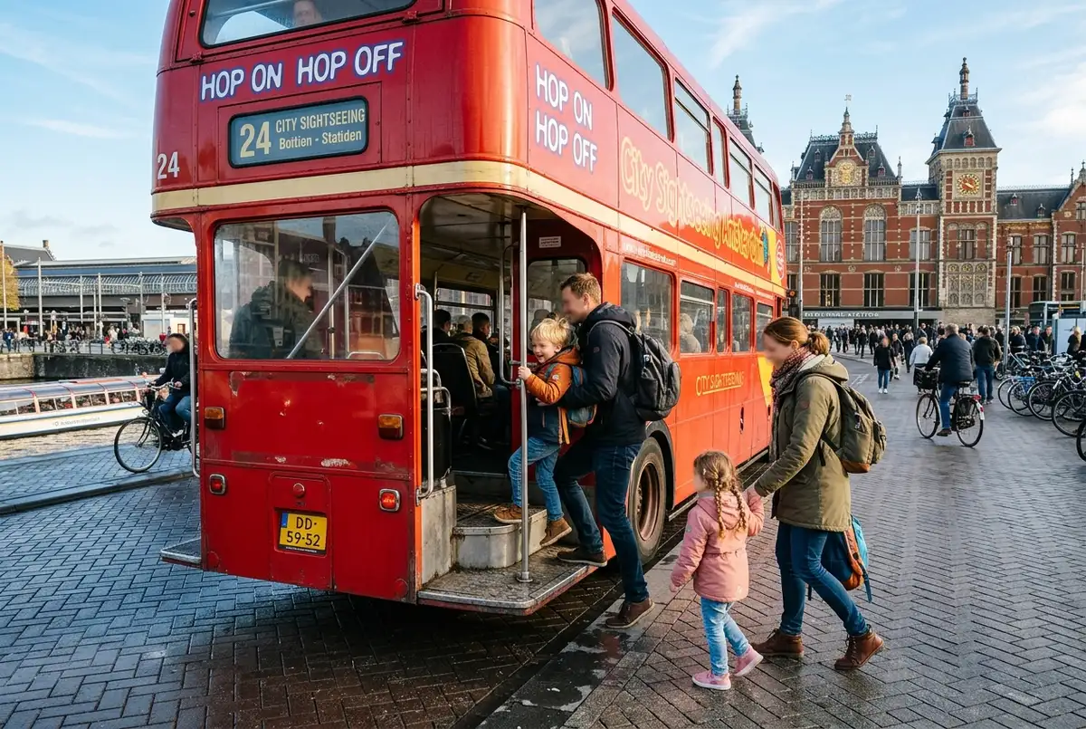 Family with two young children boarding the amsterdam hop on hop off bus lower deck near Central Station on a bright morning