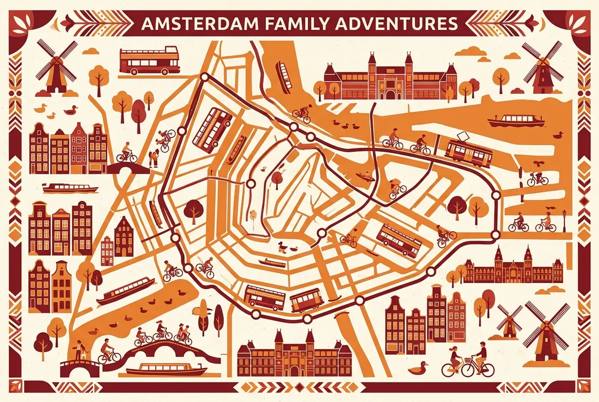 illustrated map of amsterdam highlights for Amsterdam Hop-On Hop-Off Bus with Kids: Family Tickets and Tips, amsterdam hop on hop off with kids