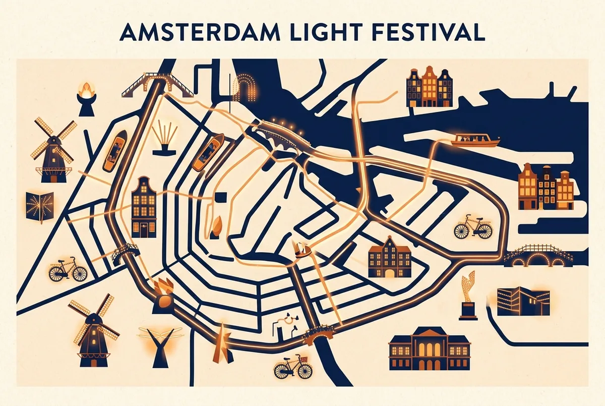 Map style infographic showing the amsterdam light festival canal cruise route with illuminated bridge and artwork icons along the water