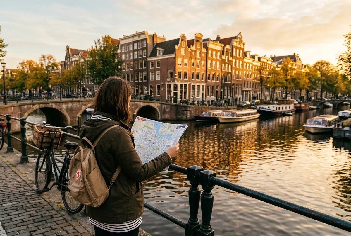 Traveler with a city map standing beside an amsterdam canal at golden hour with historic gabled houses lining the water