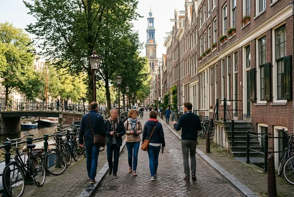 Editorial scene of a small tour group walking through the narrow jordaan streets near westerkerk on an anne frank walking tour amsterdam