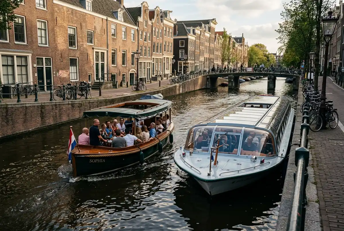 Small independent canal cruise boat passing a large glass topped tour boat on an amsterdam canal
