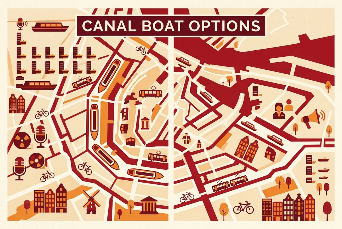 Infographic comparing large fleet canal cruise operators against small independent boats in amsterdam, showing dock icons, boat size icons and a live guide versus recorded guide label
