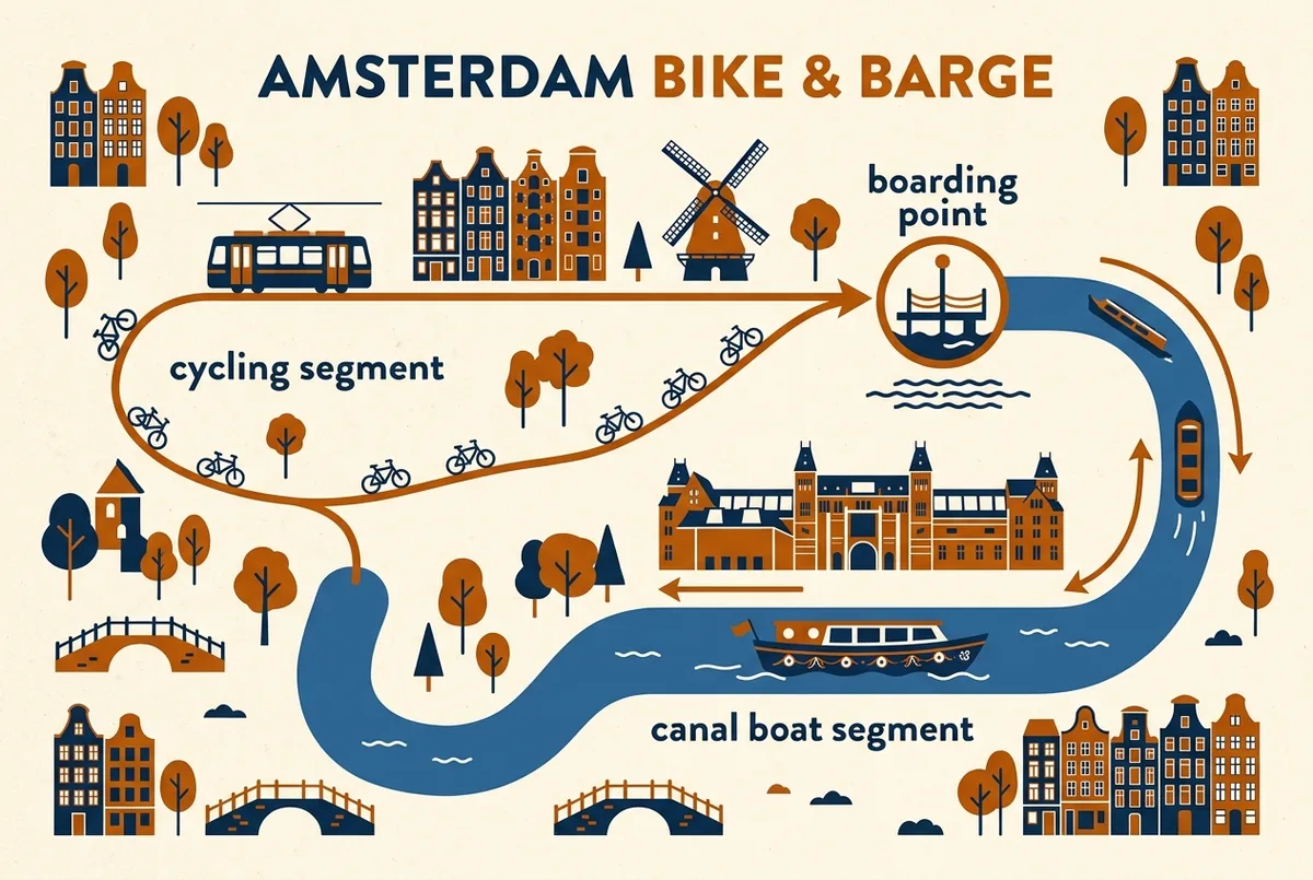 Infographic showing a bike and barge amsterdam route split between a cycling segment and a canal boat segment with a boarding point icon