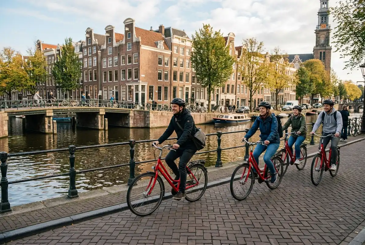 Small group cycling on red rental bikes along an amsterdam canal lined with narrow houses during a guided bike tour