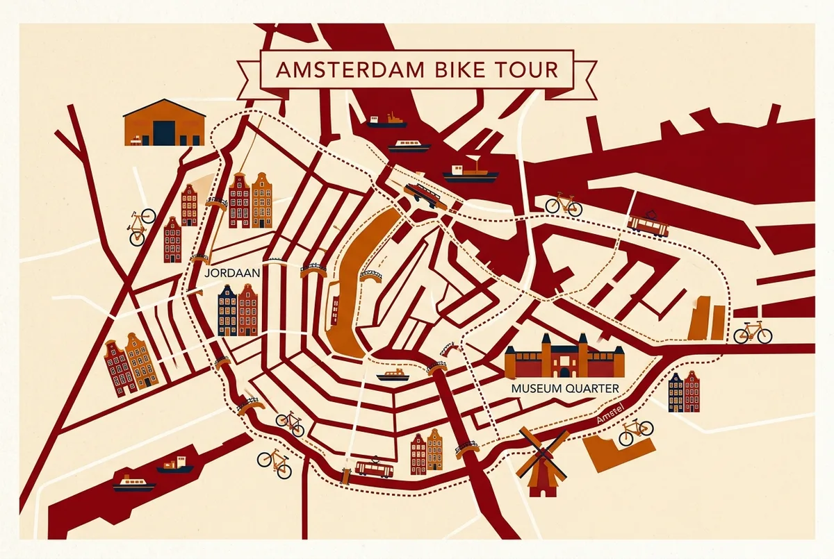 Map style infographic showing a bike tour amsterdam route through the harbor, jordaan, museum quarter and amstel river with distance labels