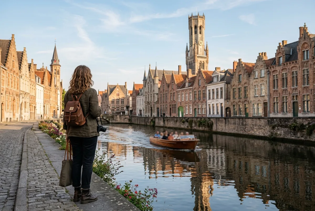 Traveler admiring medieval canal houses and a bell tower in bruges on a day trip from amsterdam
