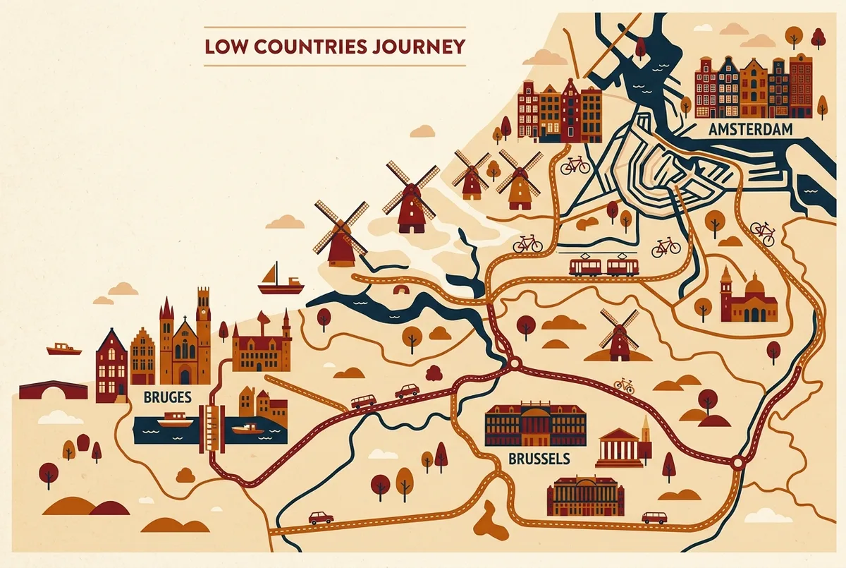 Map style infographic showing the route from amsterdam through belgium to bruges and brussels with travel time labels