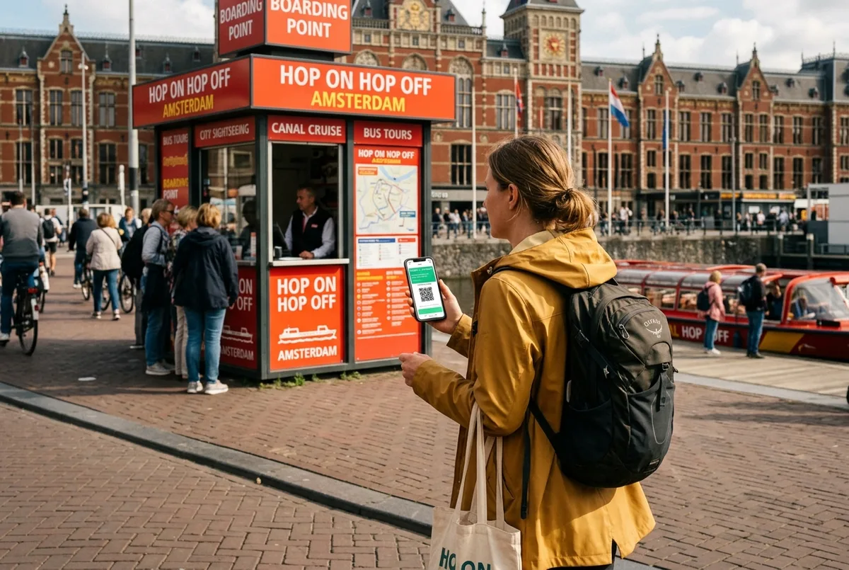 Traveler holding a phone with a QR code hop on hop off ticket walking past the amsterdam hop on hop off boarding kiosk near Central Station