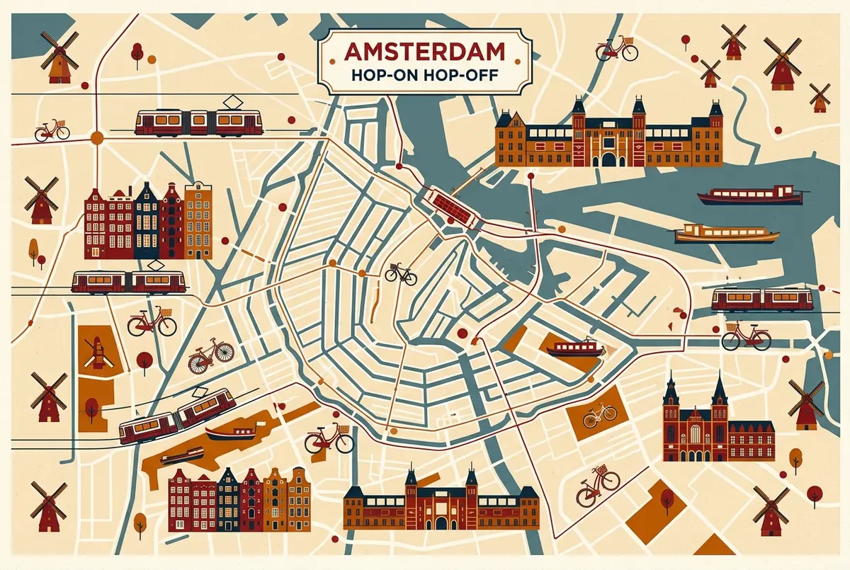 illustrated map of amsterdam highlights for Where to Buy Amsterdam Hop-On Hop-Off Tickets Online, where to buy hop on hop off tickets amsterdam