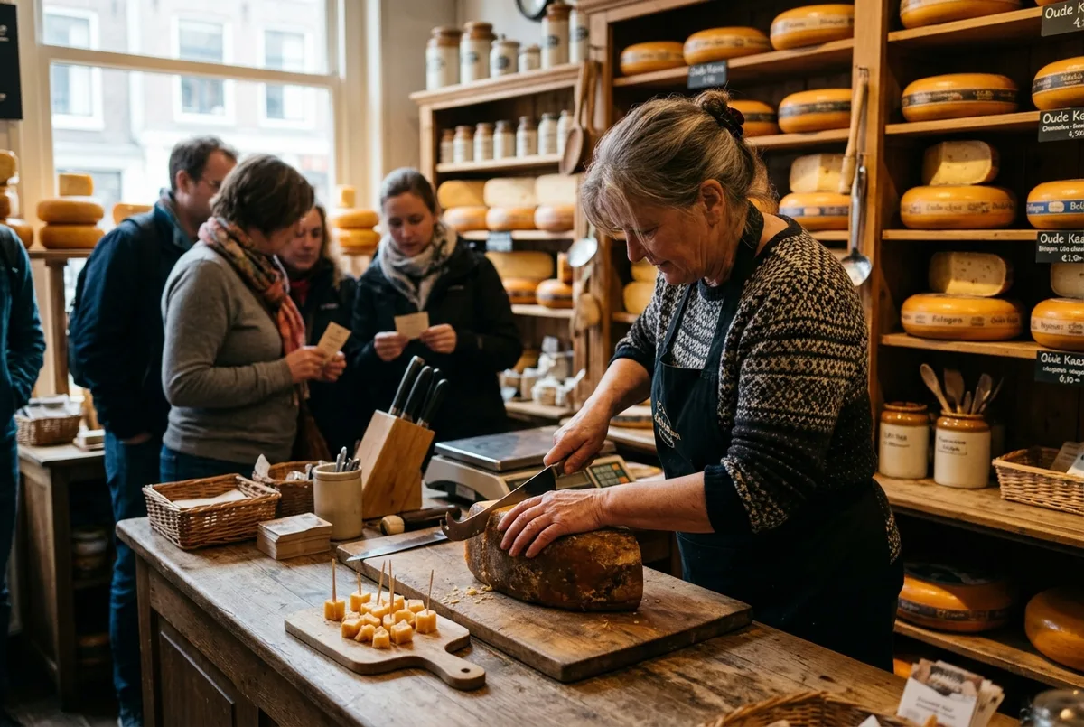 Vendor slicing aged dutch gouda for tasting samples on a cheese tours amsterdam stop in a traditional cheese shop