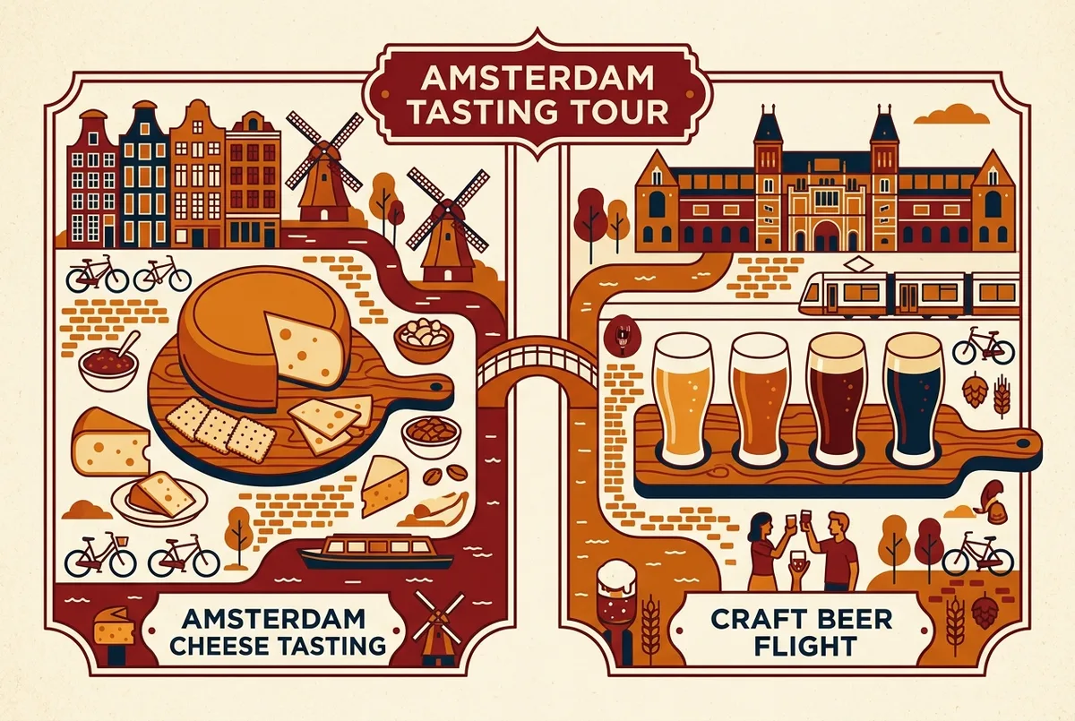 Comparison style infographic showing a dutch cheese wheel tasting stop beside a craft brewery tasting flight in amsterdam