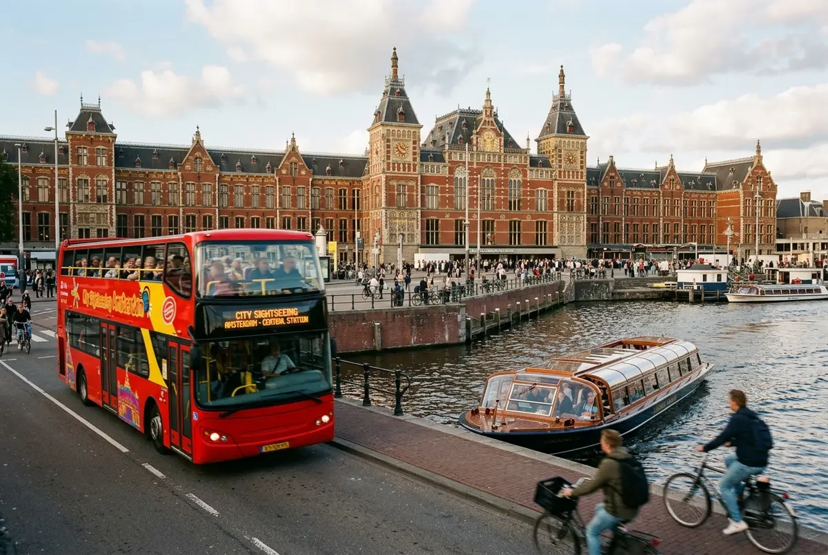 Side by side scene of a city sightseeing amsterdam hop on hop off open top bus and a stromma style canal cruise boat passing near Central Station
