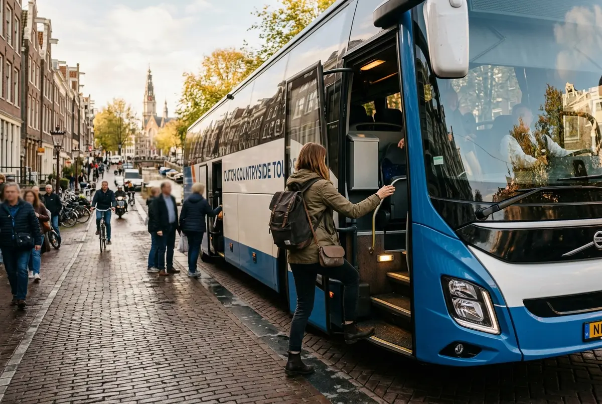 Traveler boarding a tour coach in amsterdam city center heading out on a day trip to the dutch countryside