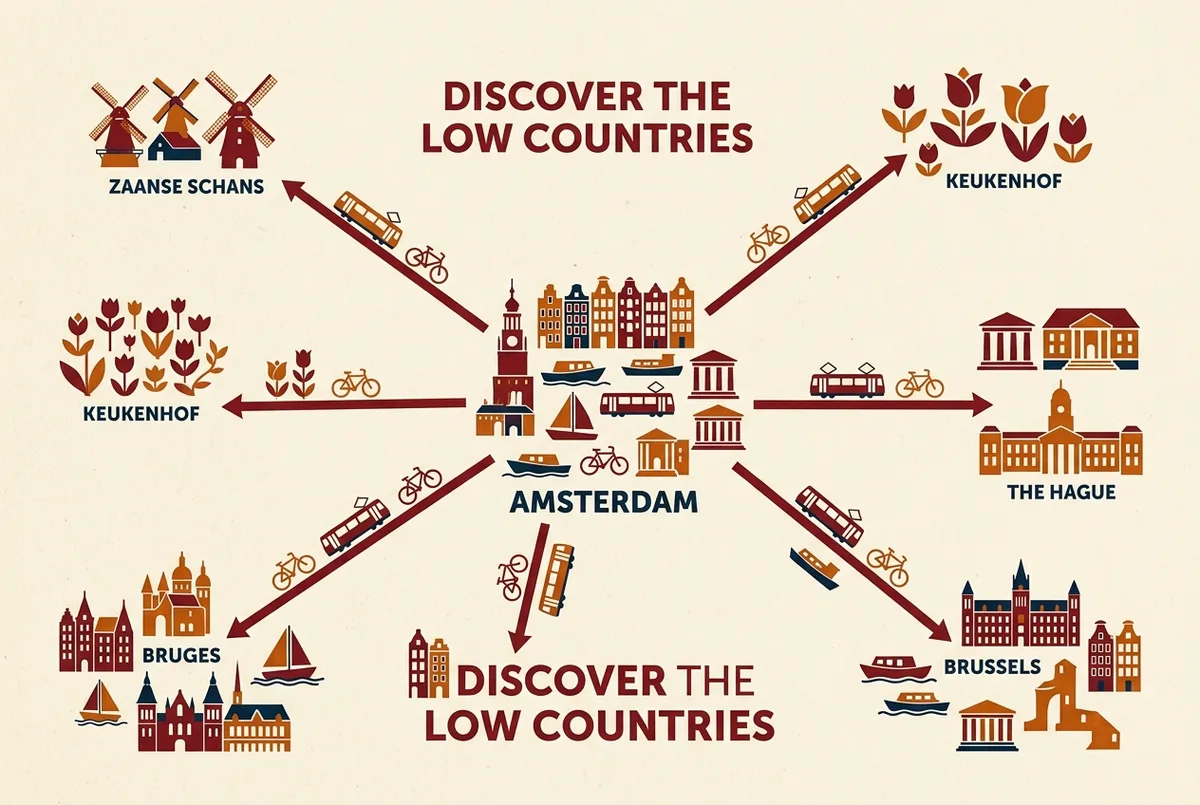 Map style infographic showing amsterdam at the center with routes radiating out to zaanse schans, keukenhof, the hague and bruges brussels