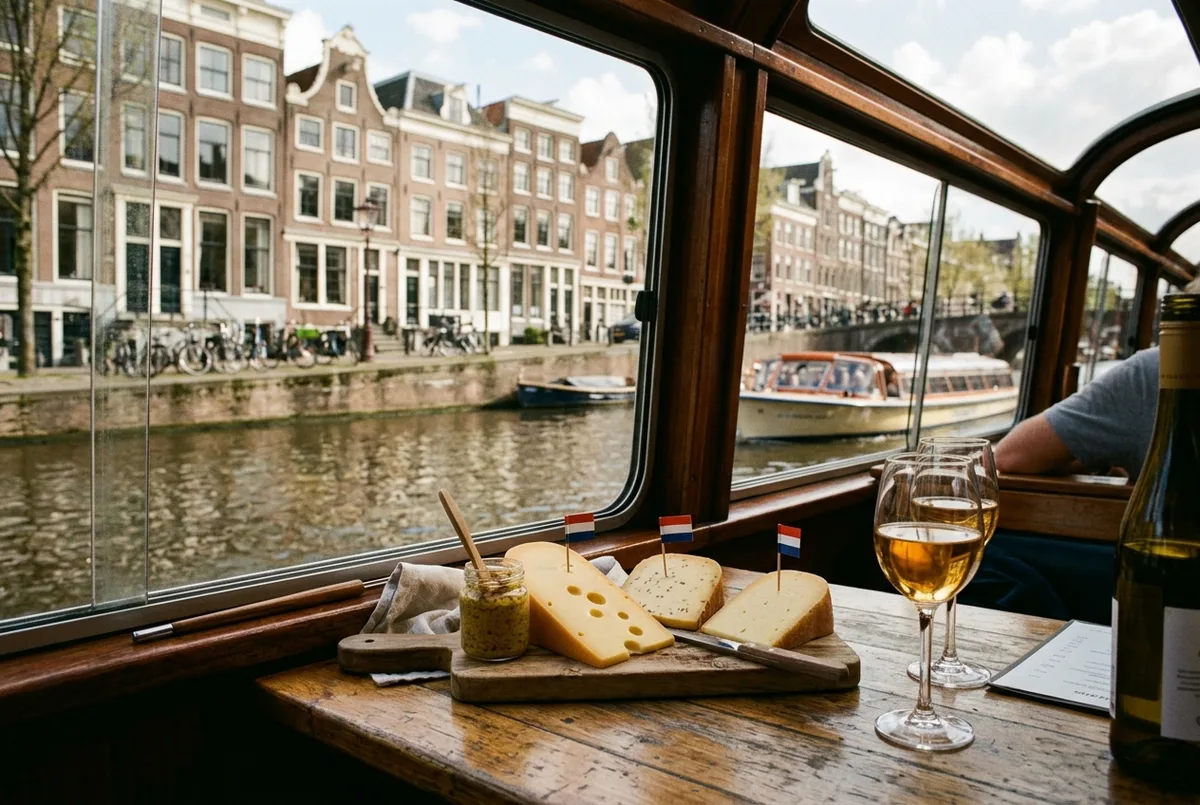 Editorial photo of a table set with dutch cheese, mustard and wine glasses aboard a canal cruise boat with amsterdam canal houses passing outside the window