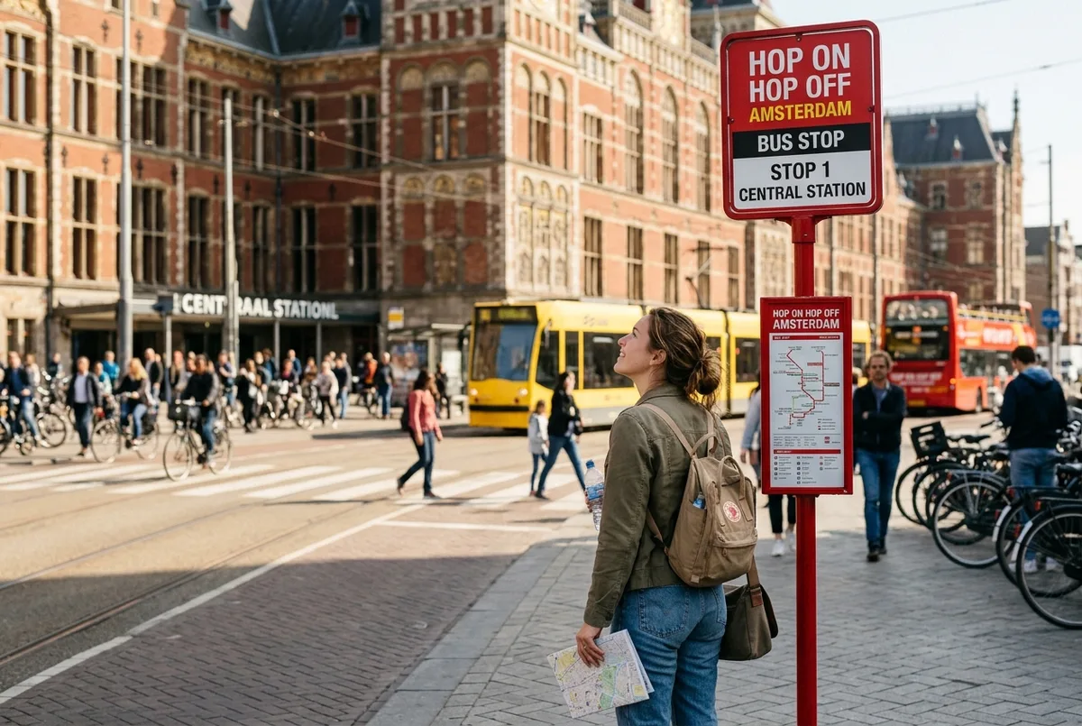 Offener Doppeldeckerbus der amsterdam hop on hop off Tour haelt an der Haltestelle direkt vor dem Amsterdamer Hauptbahnhof waehrend Reisende einsteigen