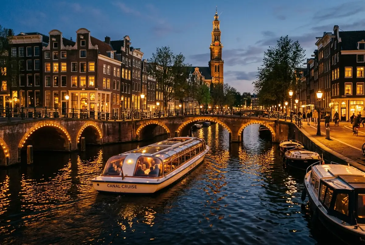 Canal cruise boat passing illuminated bridges and canal houses in amsterdam just after sunset