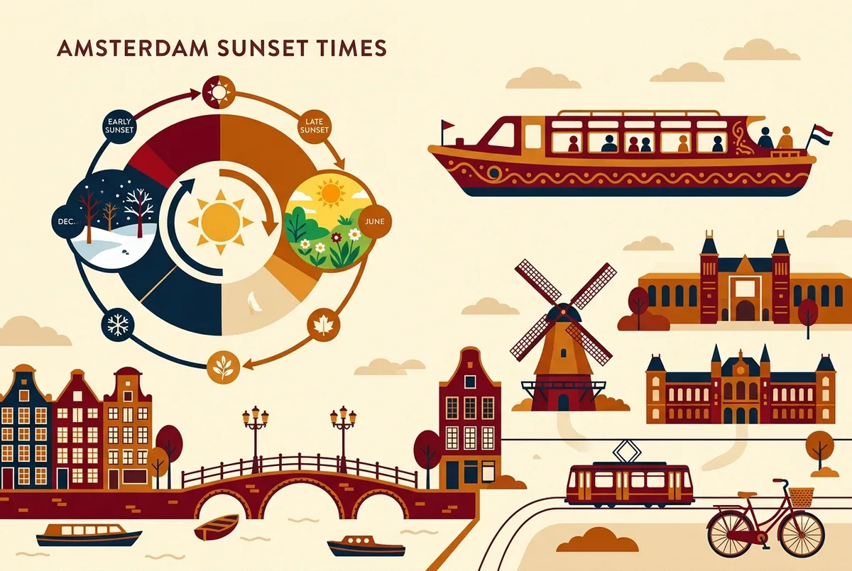 Infographic showing amsterdam sunset times shifting across the seasons from before 5pm in december to past 9pm in june beside a canal cruise boat icon