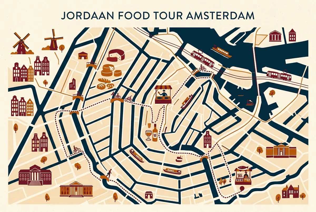 Map style infographic showing a jordaan food tour amsterdam walking route between a cheese shop bakery herring stall and jenever bar