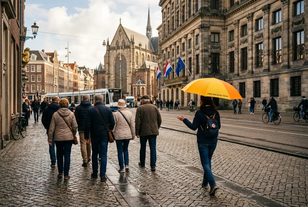 Guide holding a bright colored umbrella leading a small group on a free walking tour amsterdam near dam square at midday