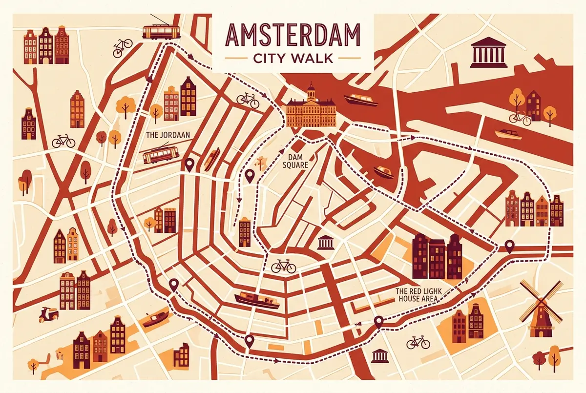 Map style infographic showing a free walking tour amsterdam route through dam square, the jordaan, the red light district and the anne frank house area with distance labels