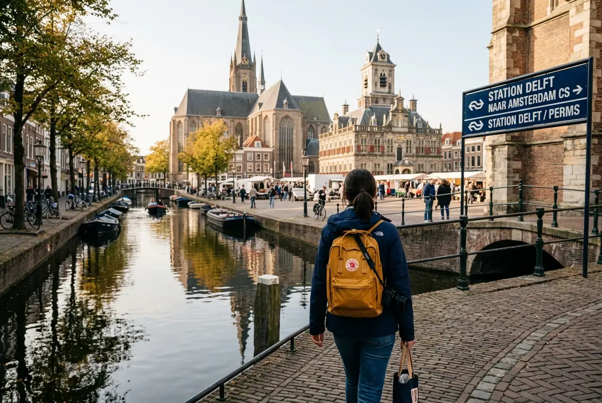 Traveler walking past a canal and old market square in delft with a train station sign visible nearby on a day trip from amsterdam