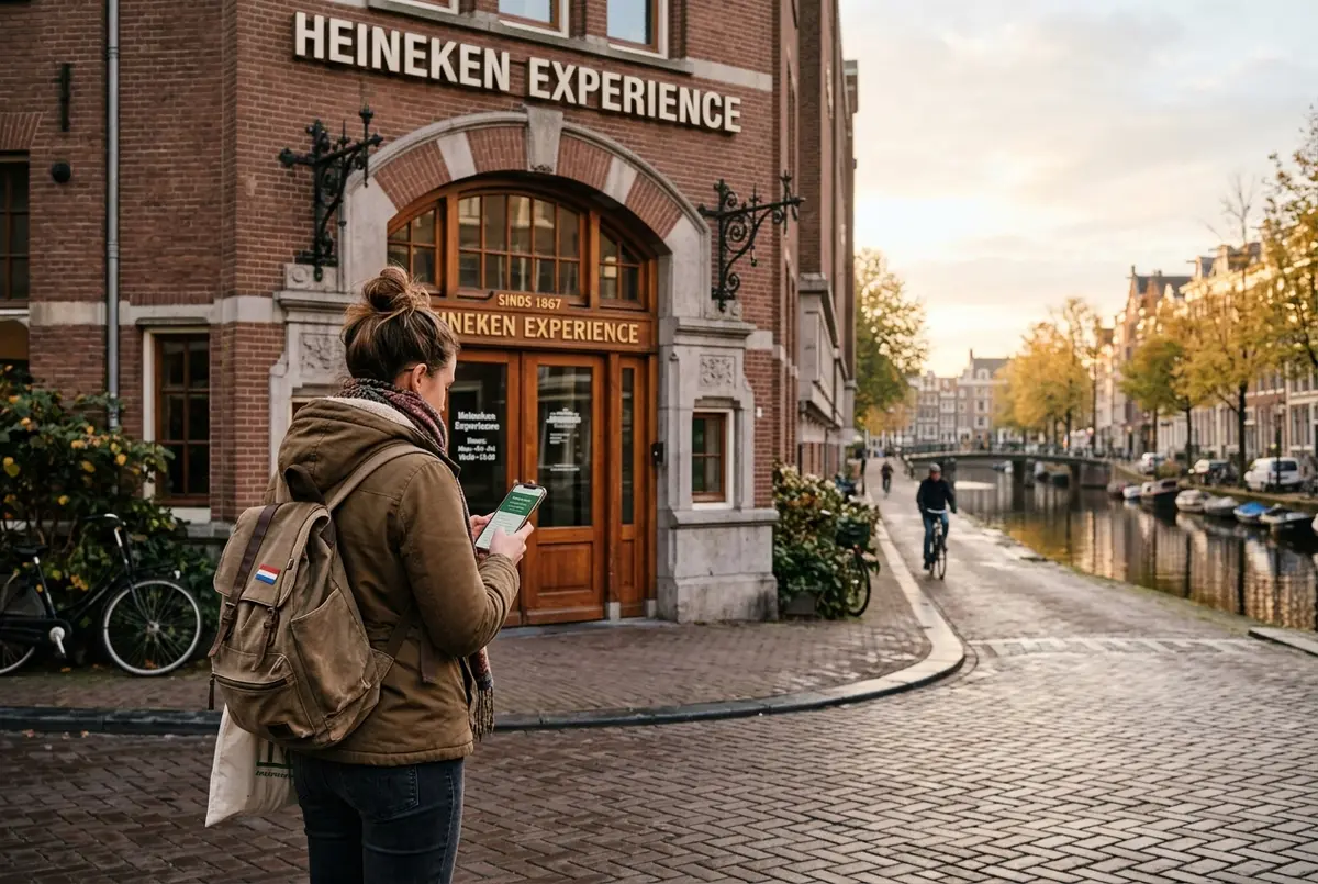 Traveler checking the heineken experience amsterdam opening hours on a phone outside the brewery entrance in soft morning light