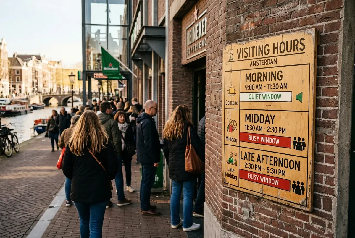 Simple daypart chart showing quiet and busy visiting windows for the heineken experience amsterdam labeled Morning, Midday and Late Afternoon