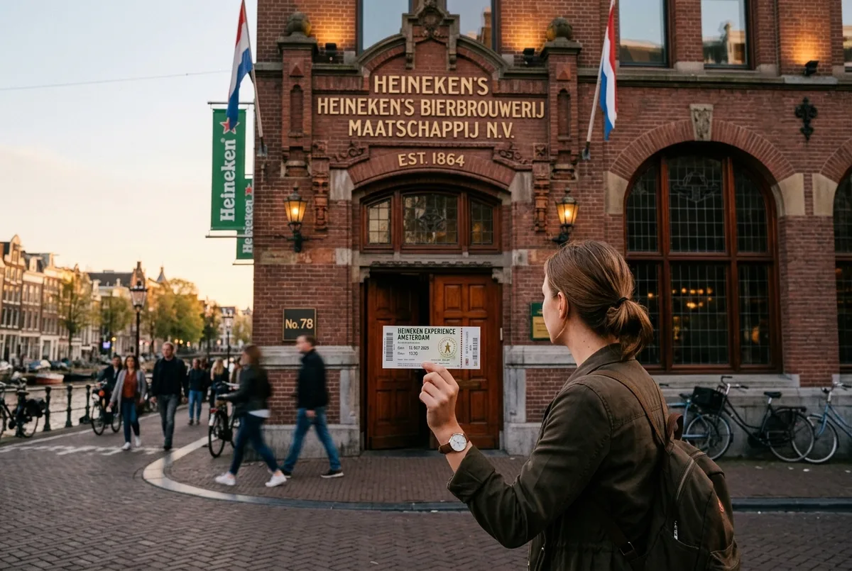 Traveler holding a heineken experience amsterdam ticket outside the historic red brick brewery entrance in early evening light