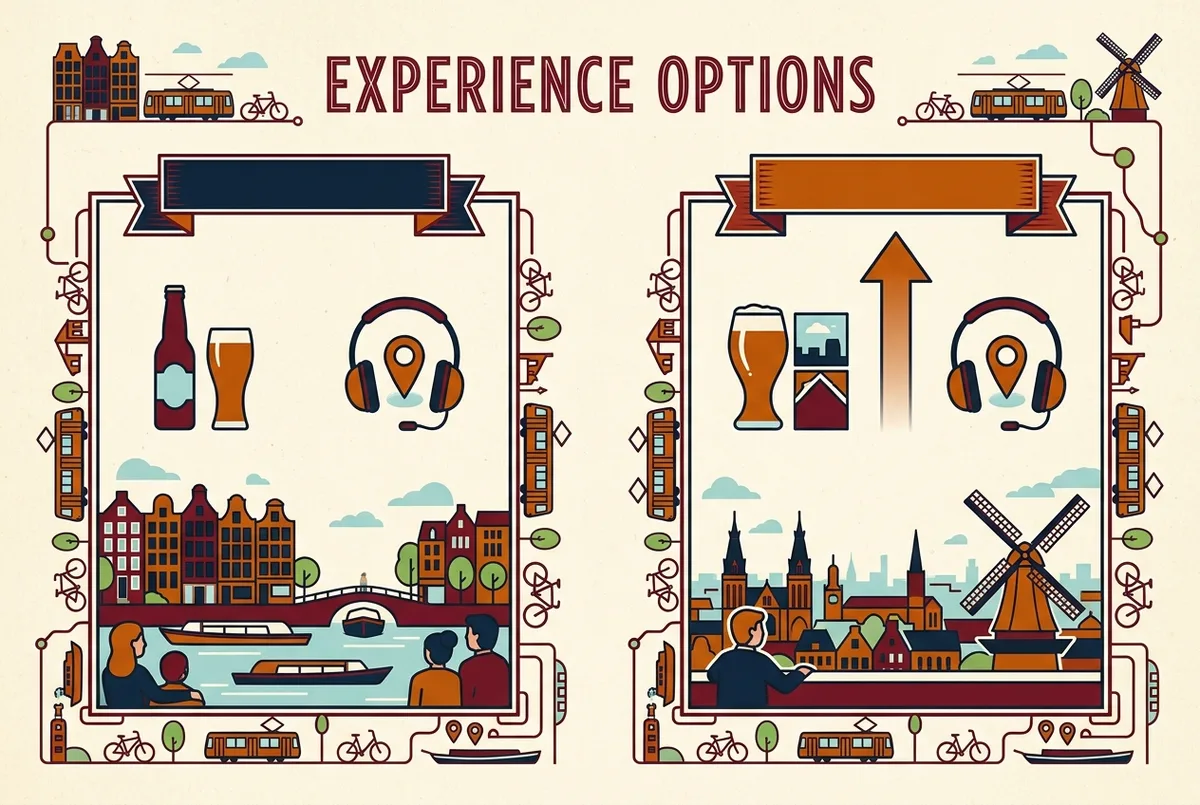 Side by side comparison graphic showing the Standard Ticket and the Rooftop Upgrade for the heineken experience amsterdam with generic icons for included beer, audio guide and skyline view