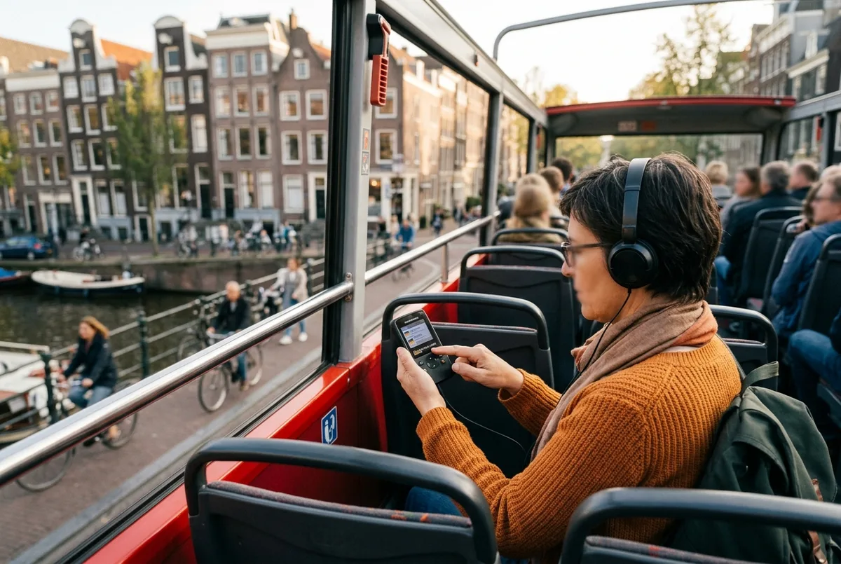 Reisender mit Kopfhoerer waehlt am Sitzplatz im offenen Doppeldeckerbus die deutsche Sprache am GPS Audioguide der amsterdam stadtrundfahrt deutsch aus