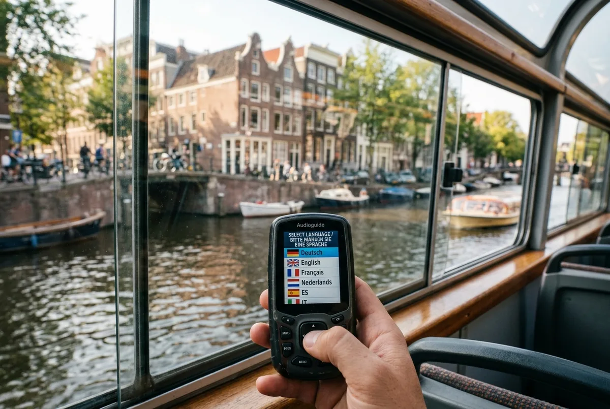 Bildschirm eines GPS Audioguides mit einer Liste generischer Sprachkuerzel wie DE, EN, FR und NL im Vordergrund, im Hintergrund die Amsterdamer Grachten durch das Busfenster