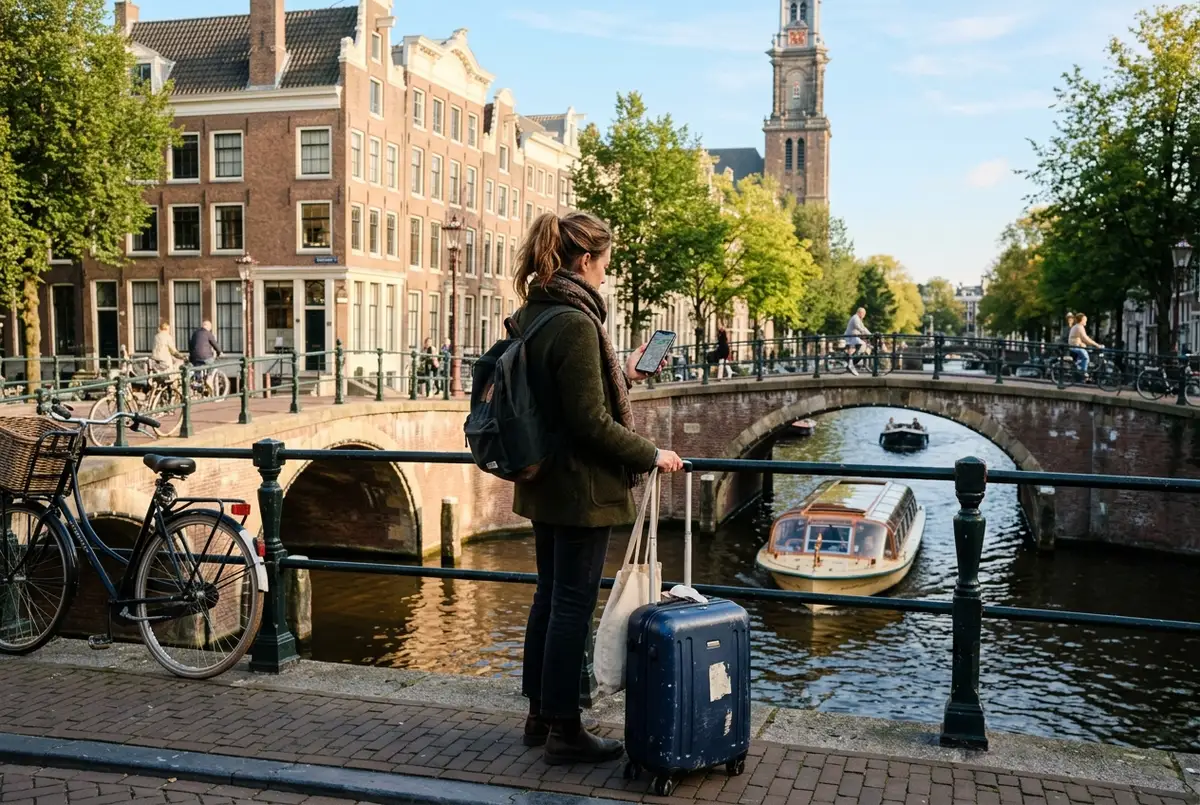 Traveler with a small suitcase checking a phone itinerary beside an amsterdam canal bridge on a clear morning