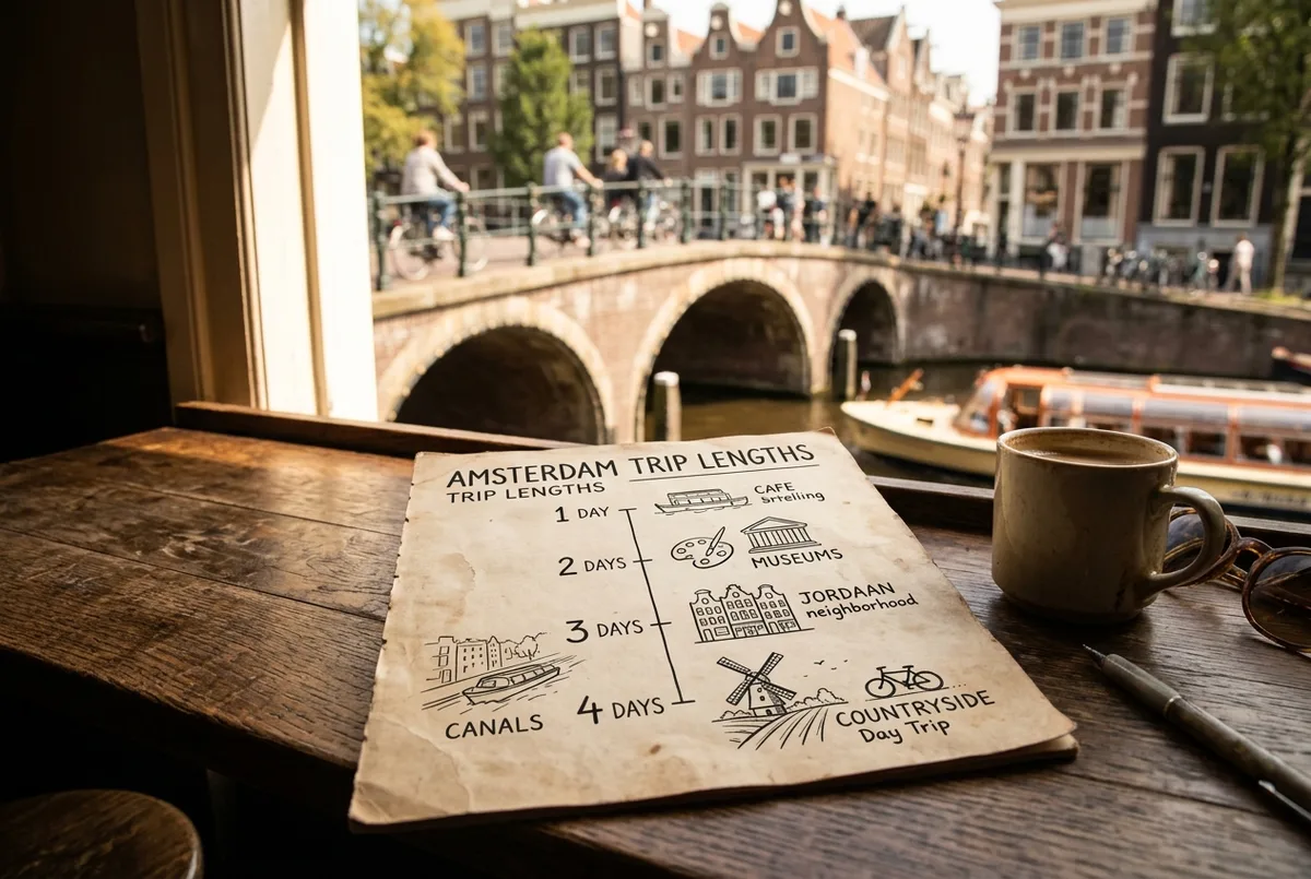 Simple itinerary timeline graphic showing 1, 2, 3 and 4 day amsterdam trip lengths with icons for canals, museums, Jordaan and a countryside day trip