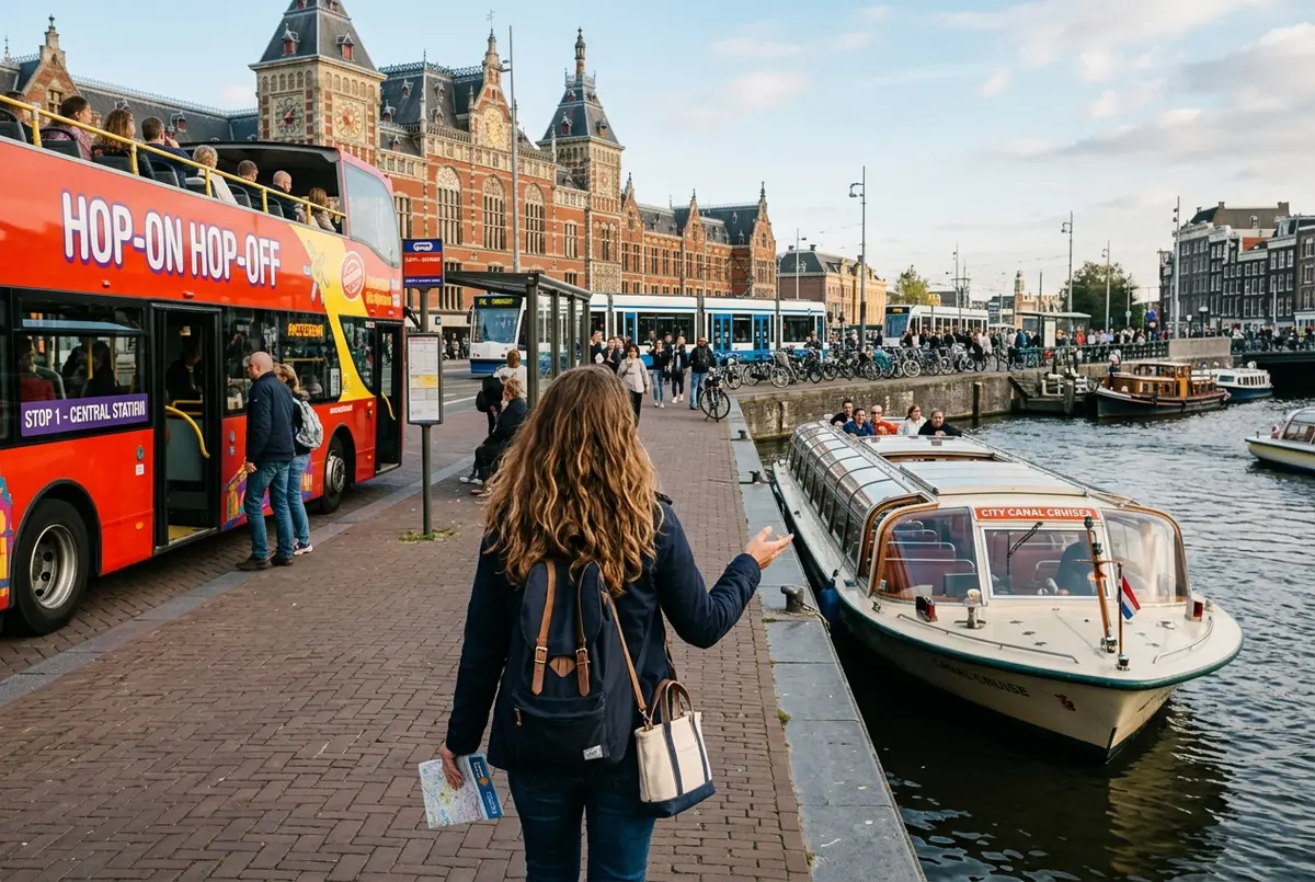 Traveler weighing the amsterdam hop on hop off worth it decision while looking between an open top bus and a canal boat near Central Station