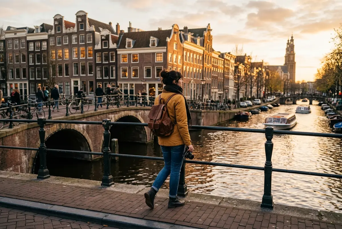 Traveler pausing mid stride on an amsterdam canal bridge taking in the gabled houses and reflections at sunset