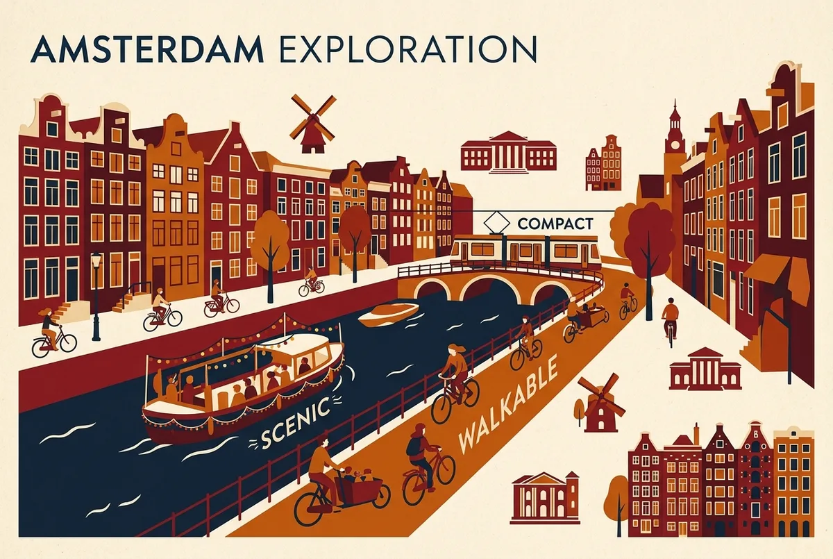 Wide shot infographic style graphic showing amsterdam canal houses, a bicycle lane and a canal boat labeled Walkable, Scenic and Compact as three reassurance points for first time visitors