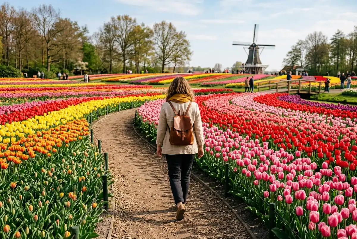 Traveler walking through colorful blooming tulip fields at keukenhof gardens on a day trip from amsterdam