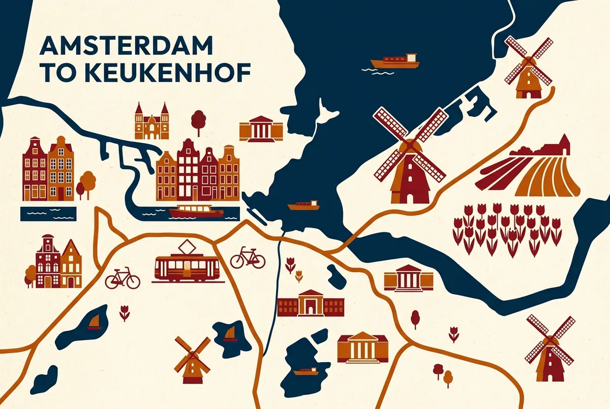 Map style infographic showing the amsterdam to keukenhof route with tulip field and windmill icons along the way