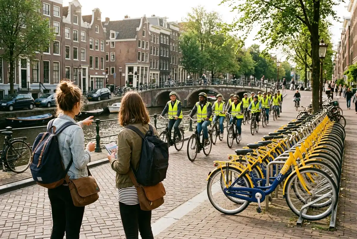Two travelers comparing a guided bike tour group and a row of yellow rental bikes parked along an amsterdam street